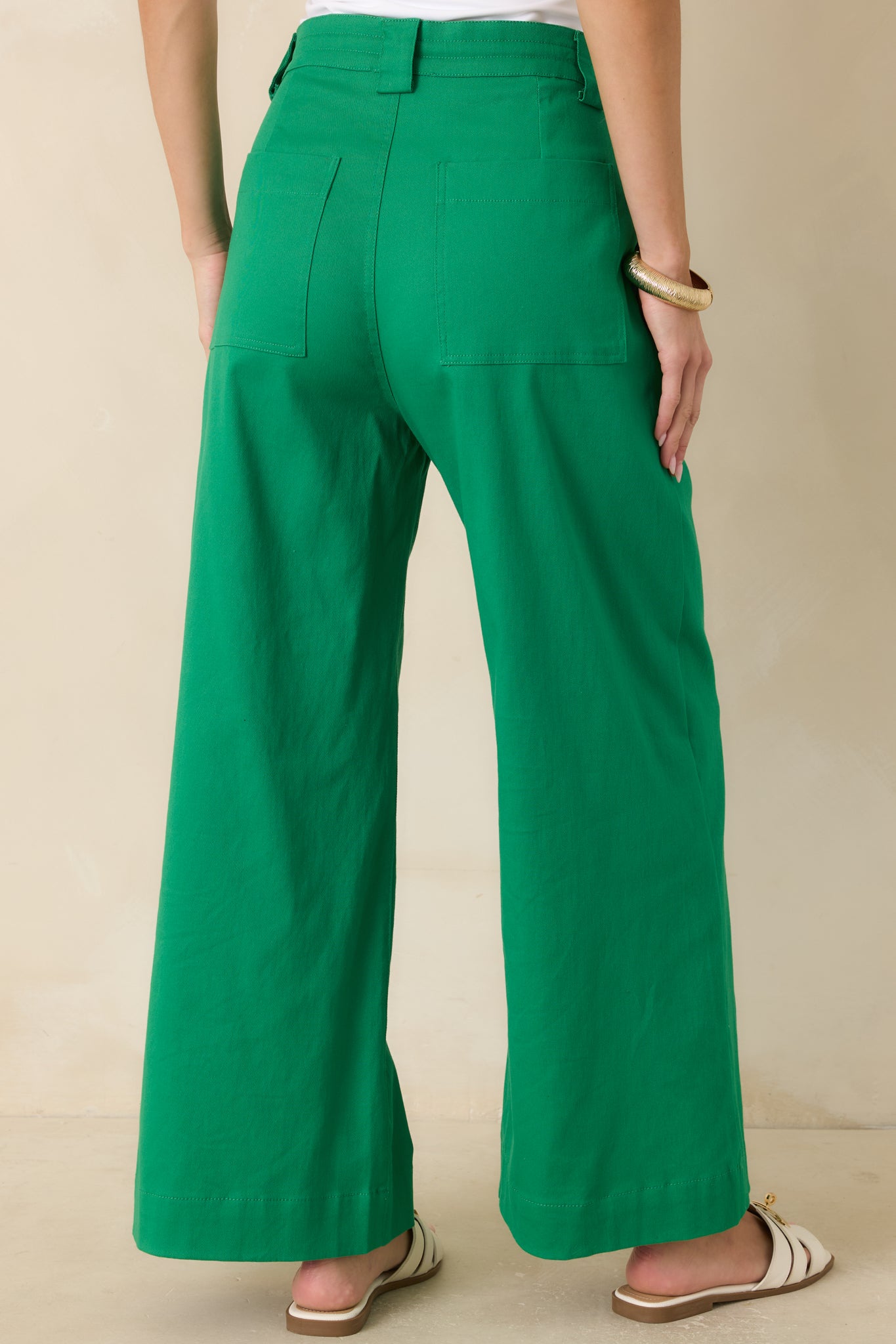Refined Rhythm Emerald Green Cotton Tie-Belt Wide Leg Pants
