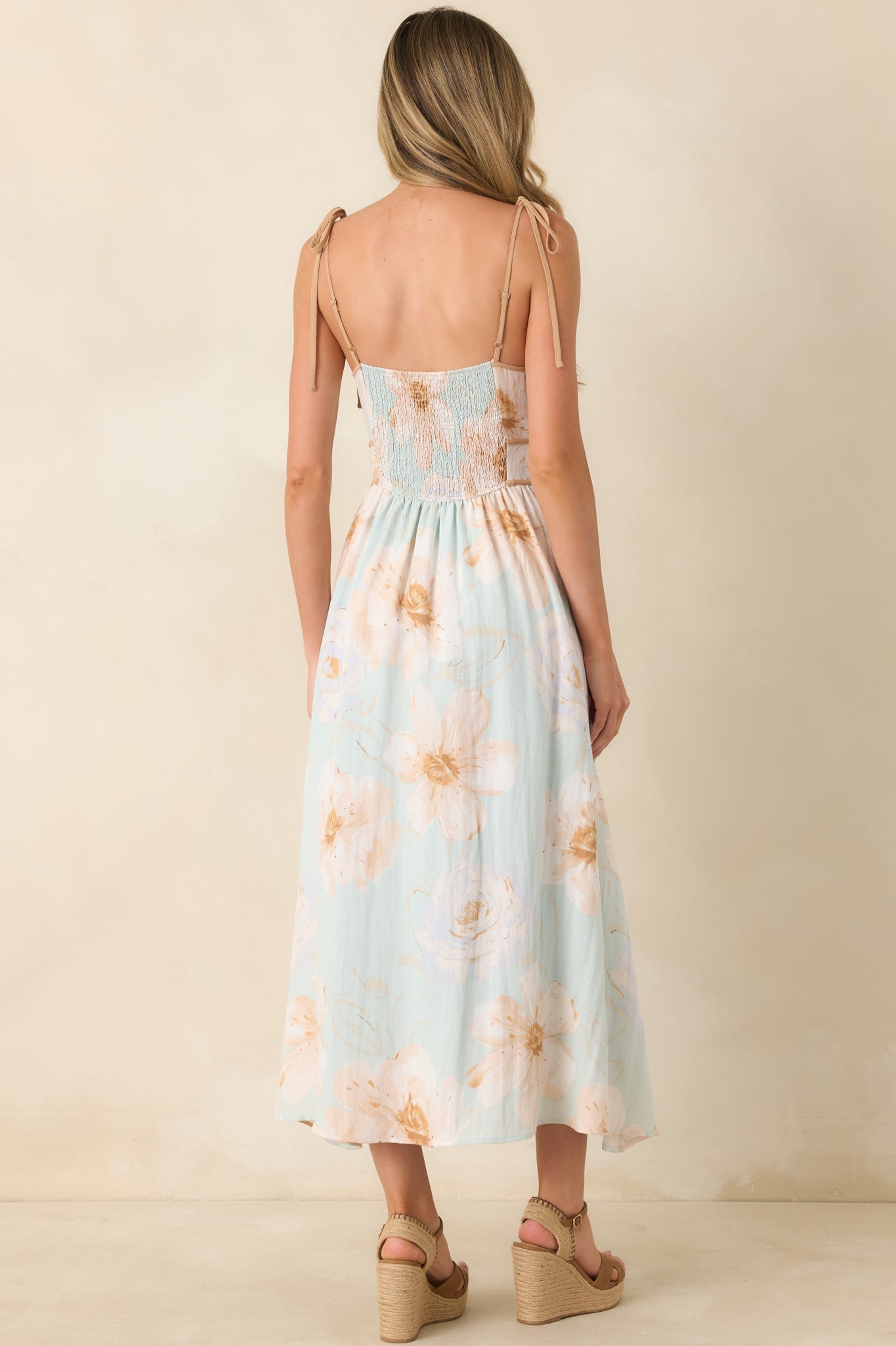 Blooming in Watercolor Mint Green Floral Tie Strap Midi Dress