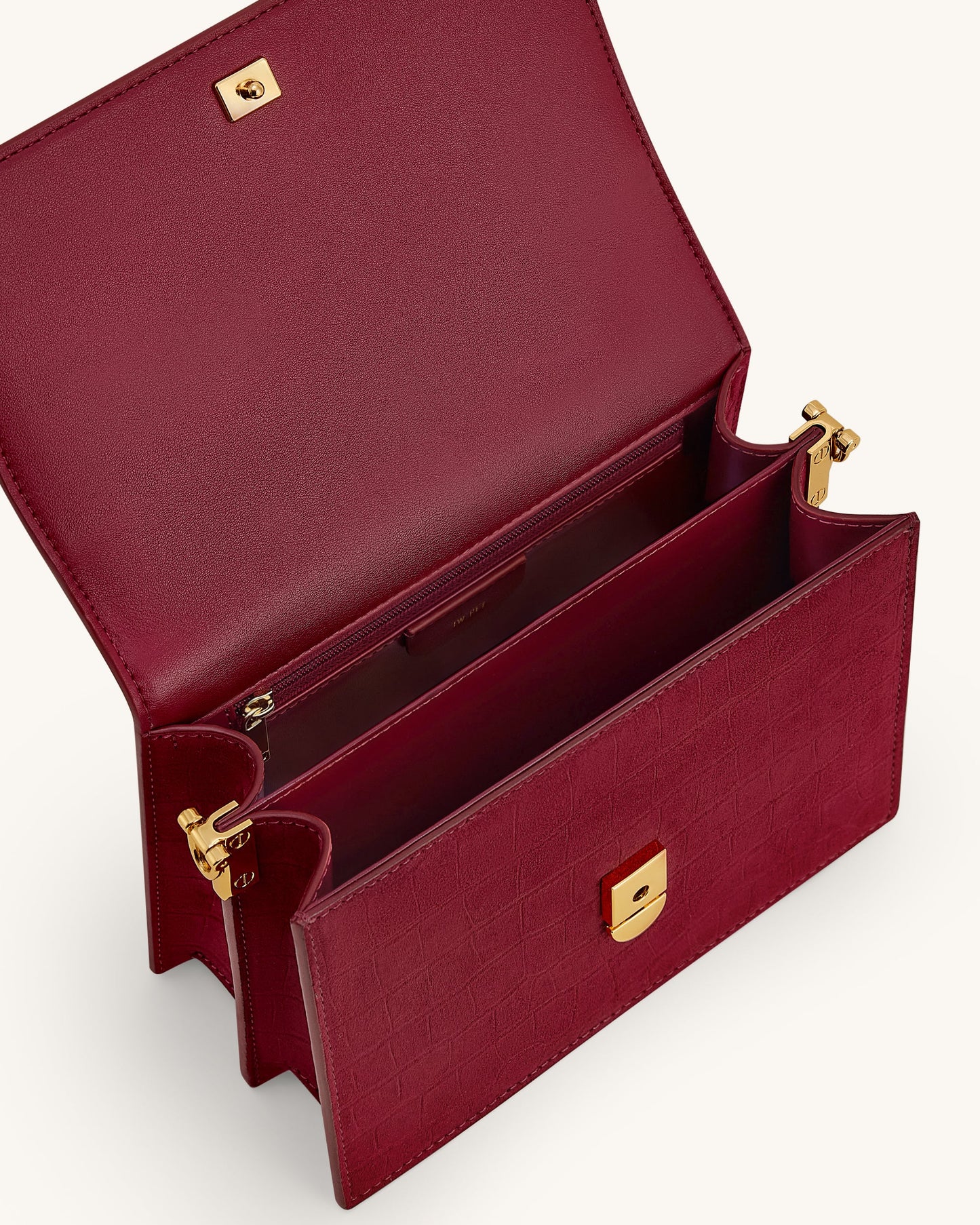 迷你翻蓋仿麂皮鱷魚紋壓花斜背包 - 酒紅色