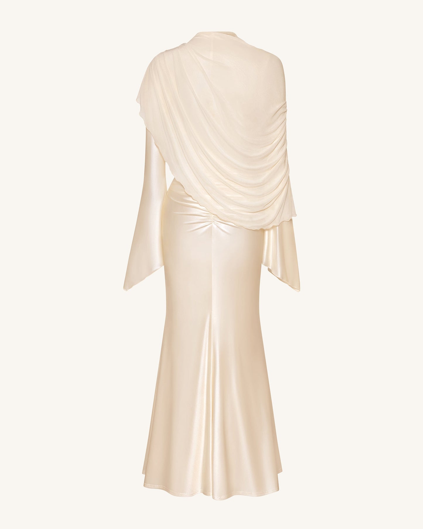 透膚披肩抓皺緊身長禮服 - 奶油色