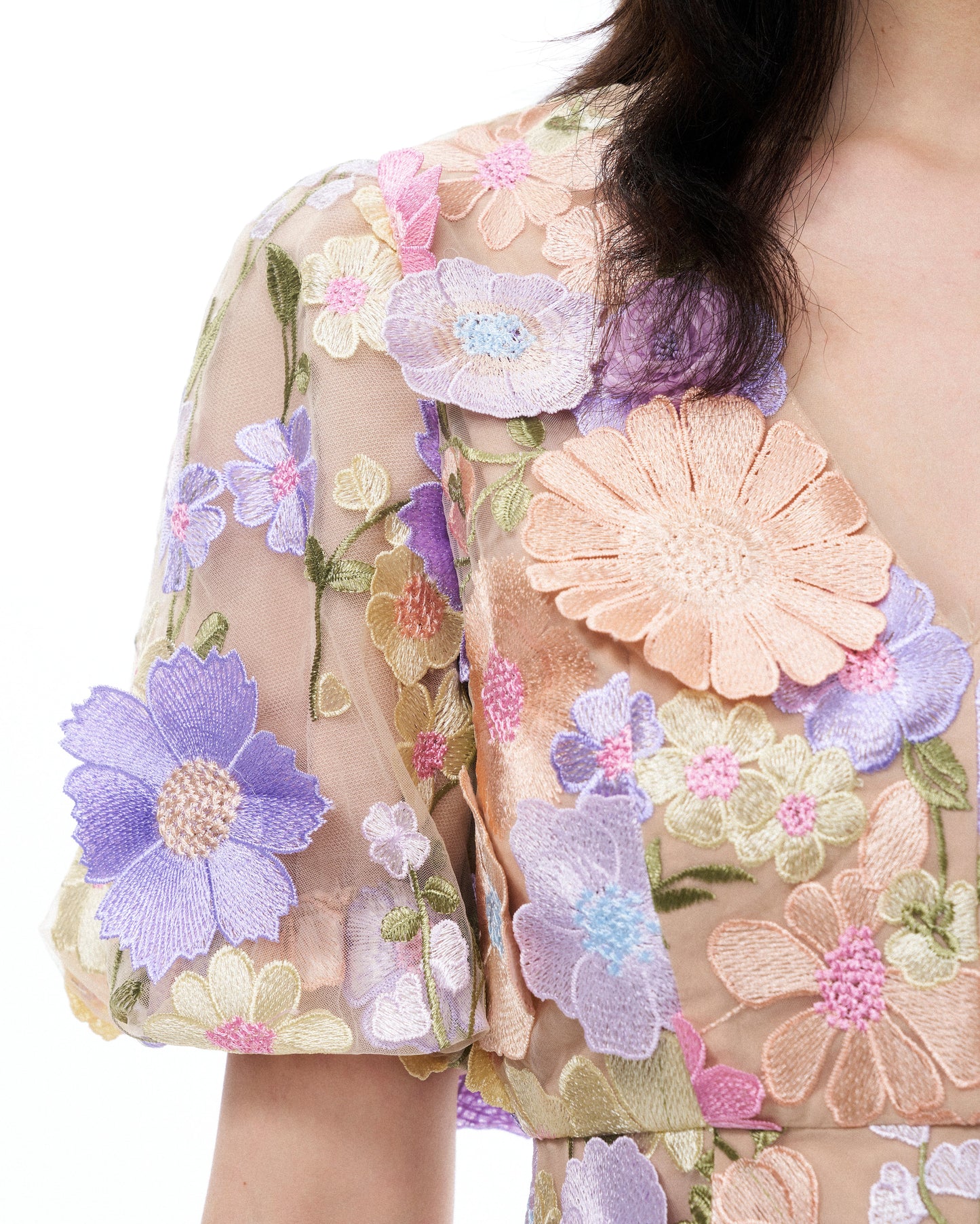 Evangeline 3D V領立體花卉刺繡洋裝-粉彩混色