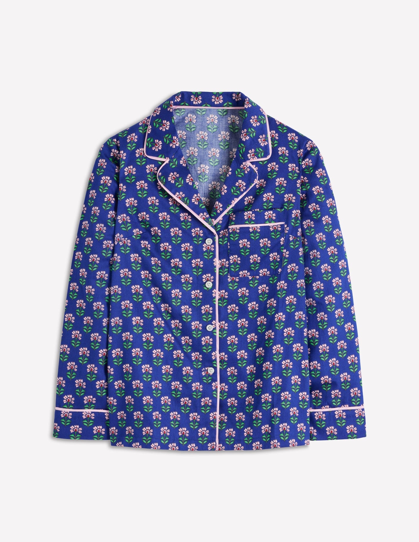 Cotton Pajama Shirt-Bright Blue, Woodblock Flower