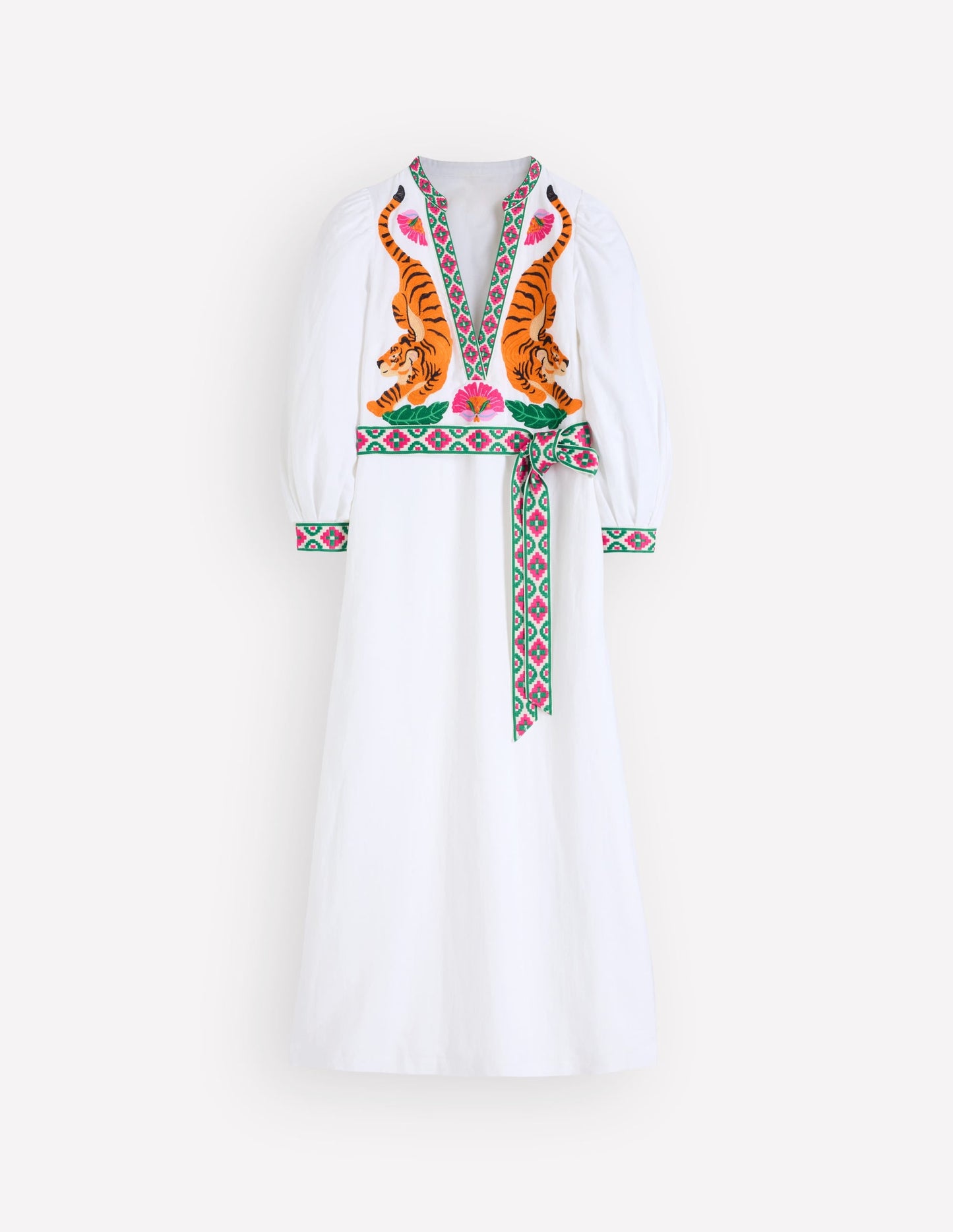 Octavia Linen Blend Dress-Tiger Embroidery