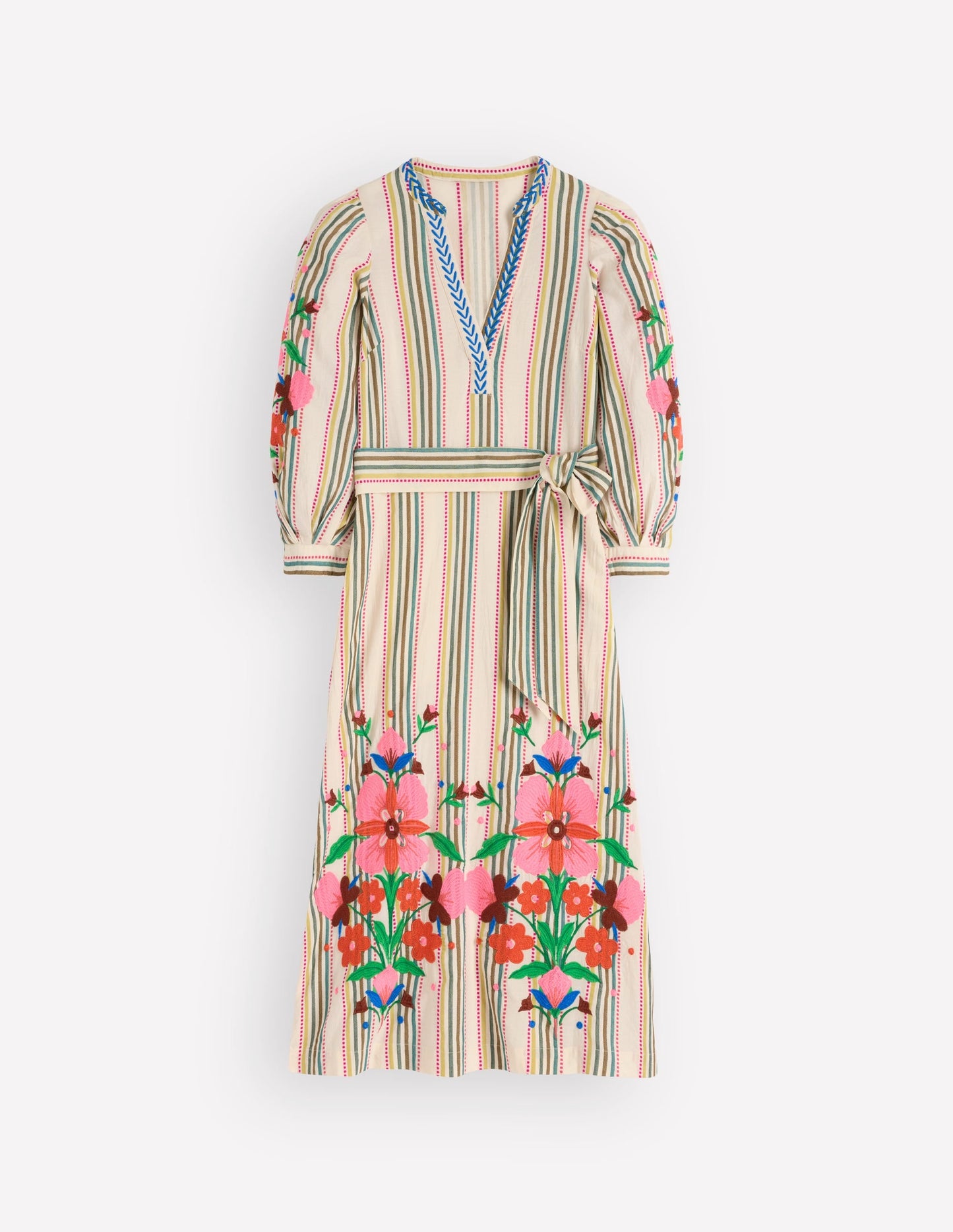 Octavia Cotton Dress-Multi Embroidery Stripe