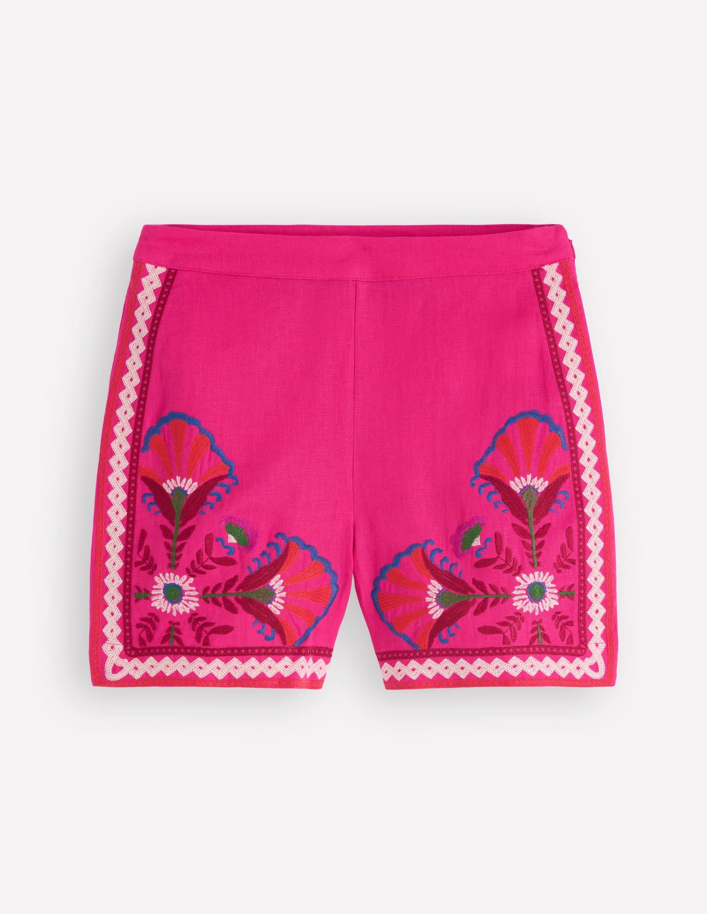 Embroidered Linen Shorts-Pink Peony, Embroidered