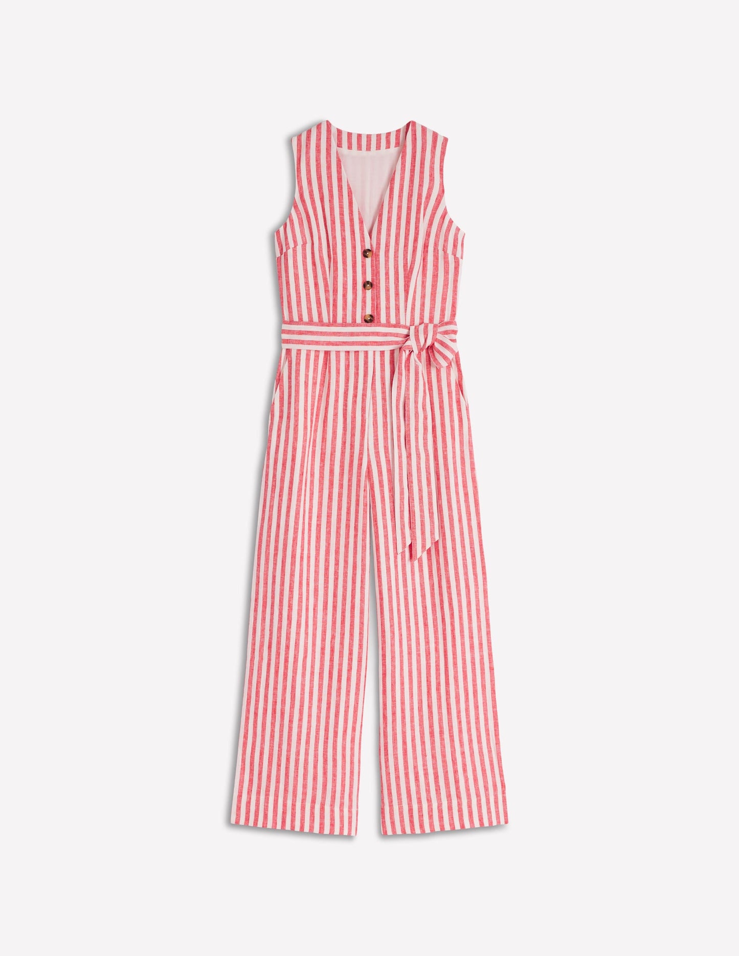Laura V-neck Linen Jumpsuit-Red, Ivory Stripe