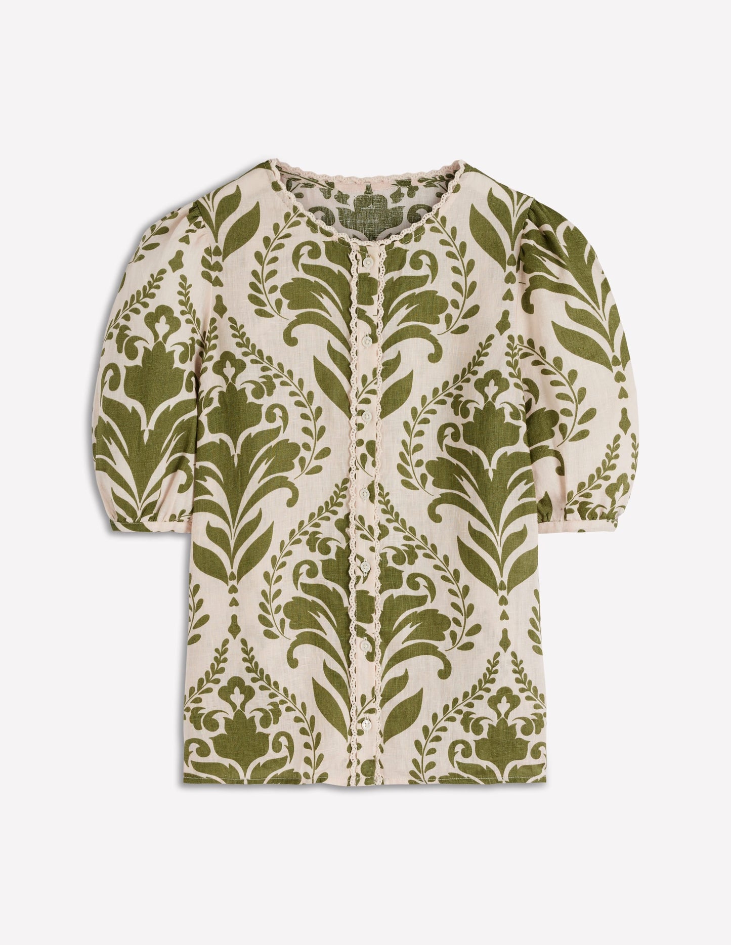 Leah Short Sleeve Linen Top-Green, Decorative Lattice