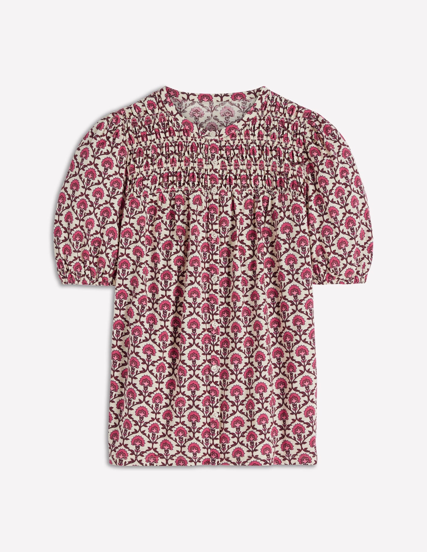 Mya Short Sleeve Smocked Shirt-Strawberry Pink,Flower Lattice