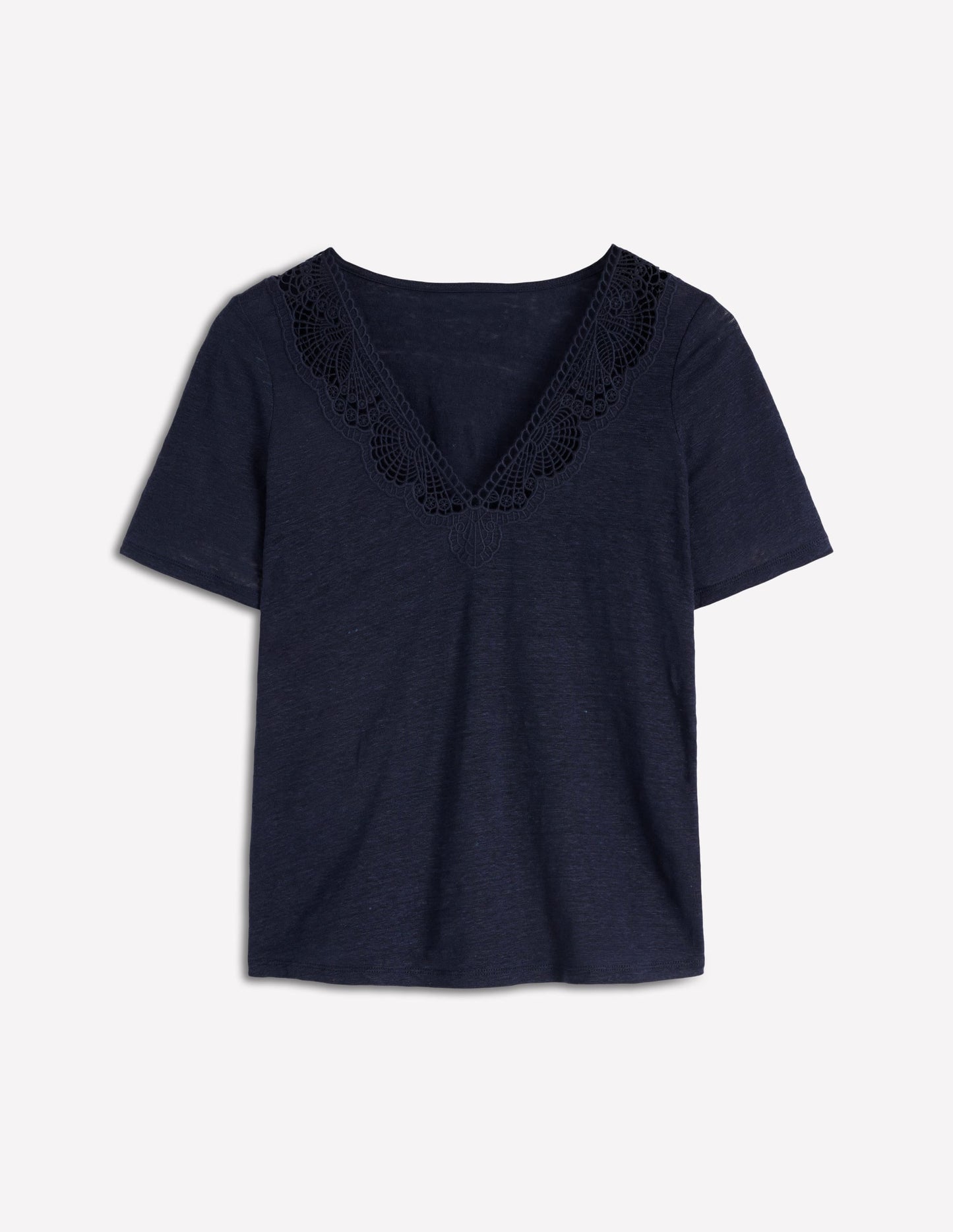 Tara Lace Trim Linen T-shirt-Navy Blazer