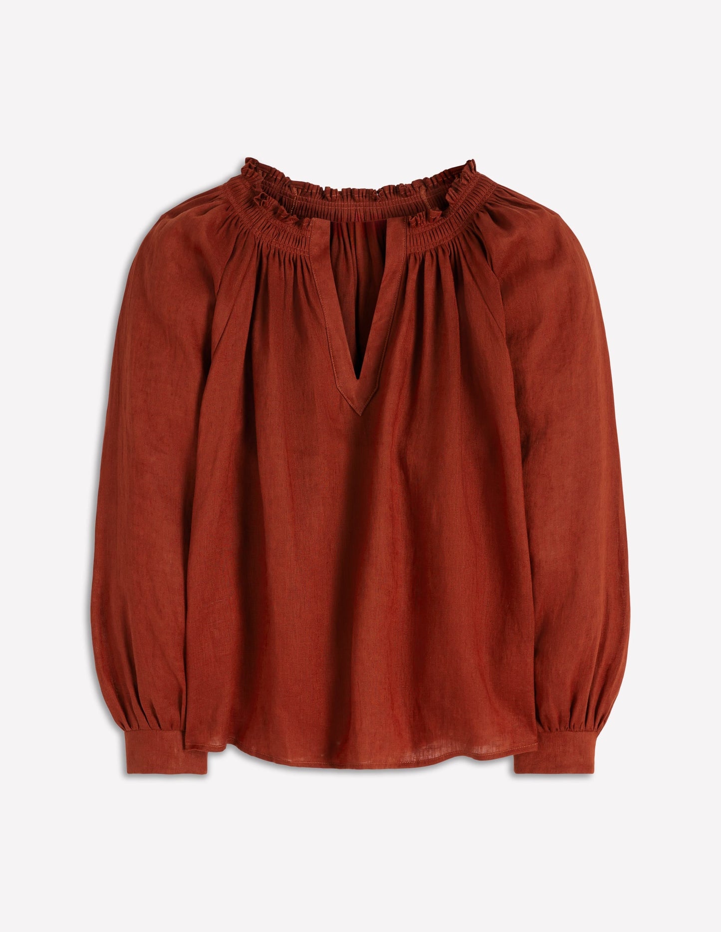 Serena Pleat Neck Linen Top-Burnt Henna
