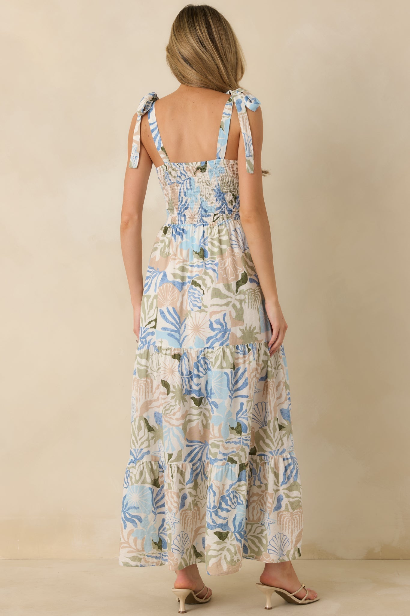 Shoreline Sonata Blue Multi Palm Print Tie Strap Tiered Maxi Dress