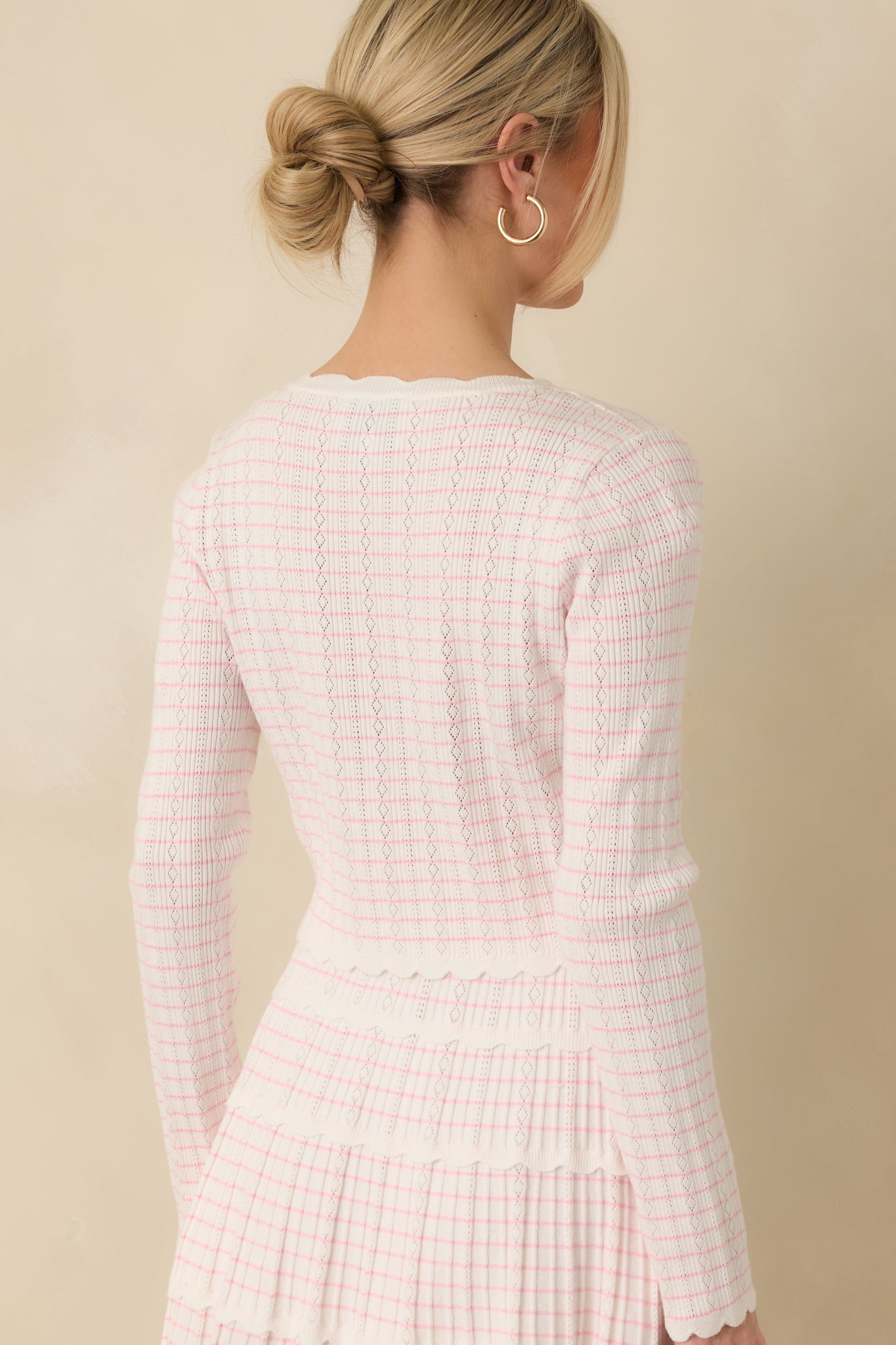 Soft Echoes White Stripe Pointelle Knit Button Up Cardigan