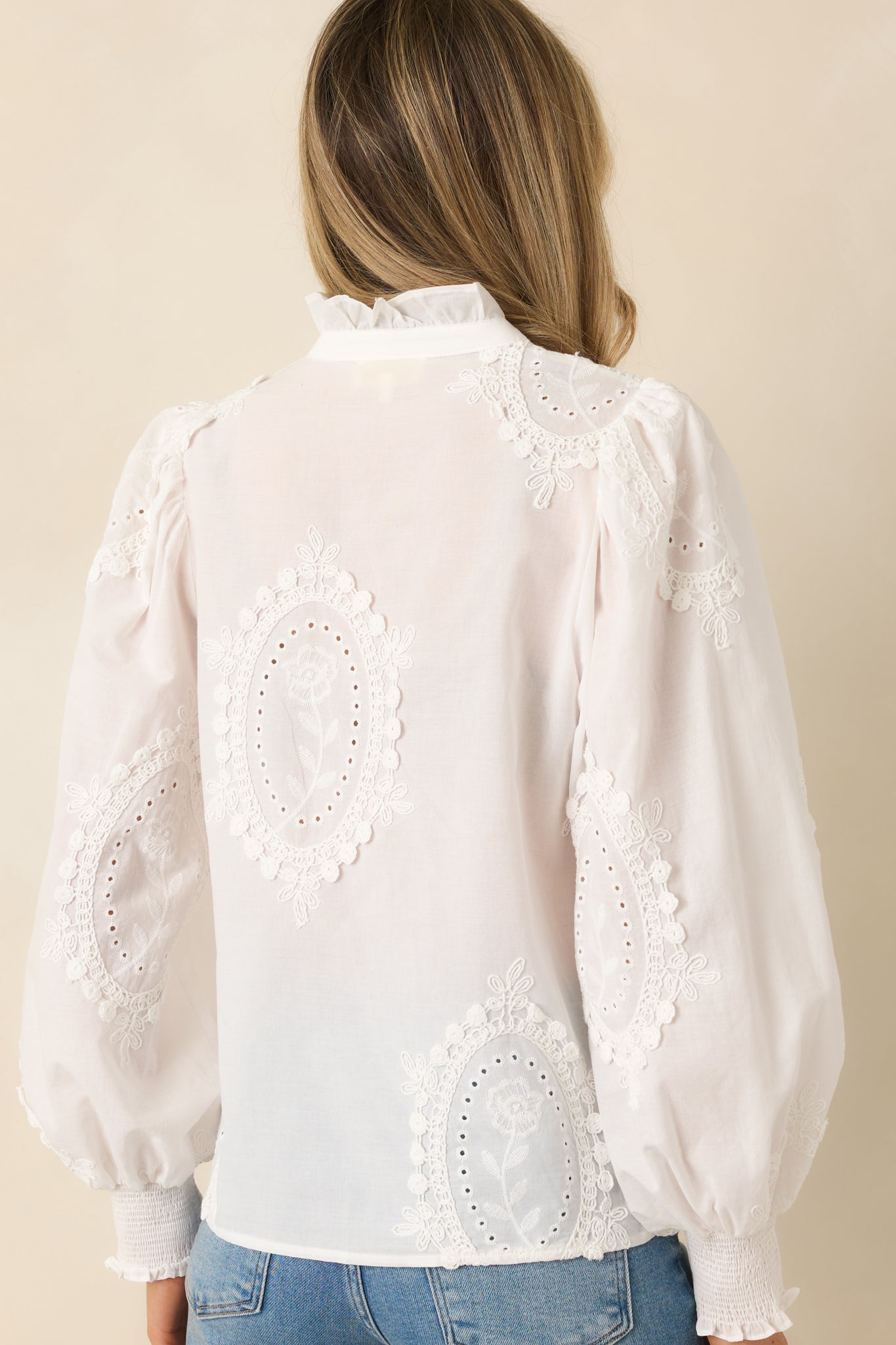 I Will Be Here White Eyelet Appliqué Detail Cotton Long Sleeve Blouse