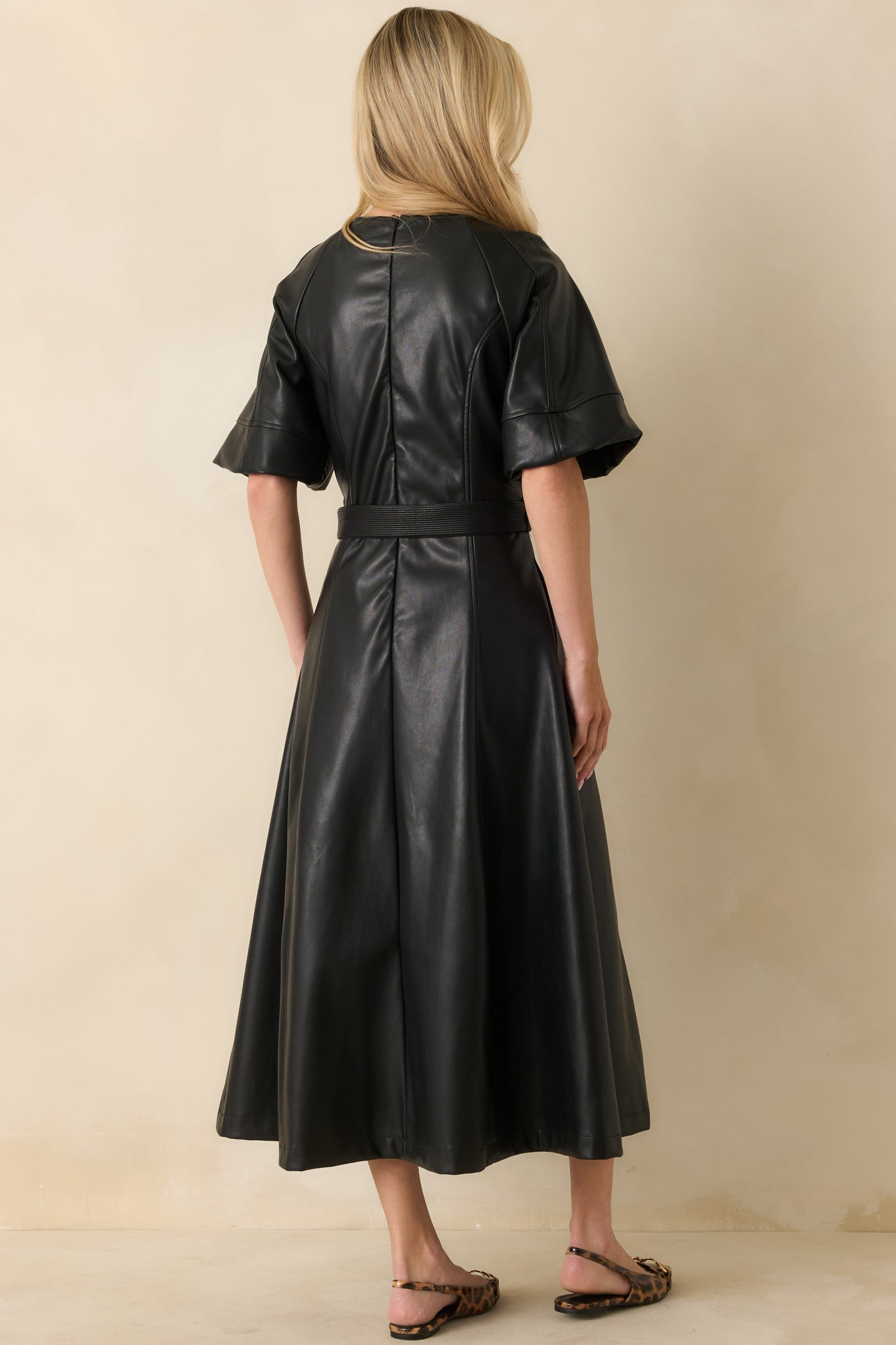 Something to Behold Black Faux Leather Short Sleeve Belted Midi Dress