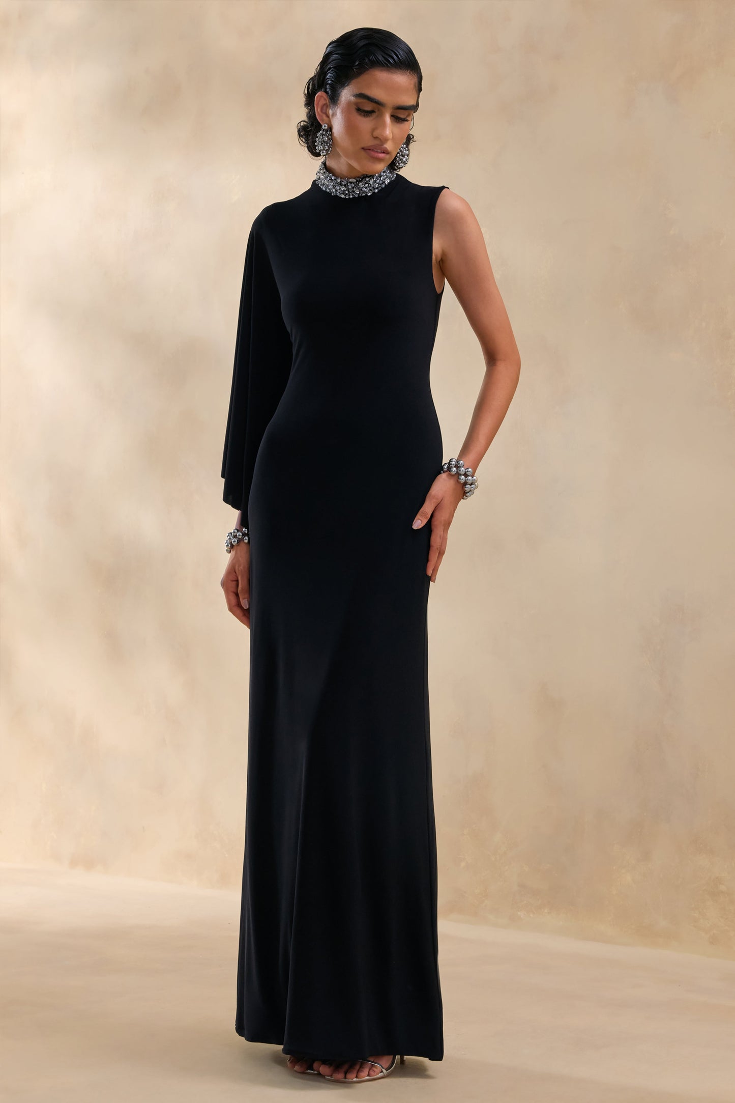 Oriana | Black Embellished High-Neck Maxi Dress With One-Cape Sleeve