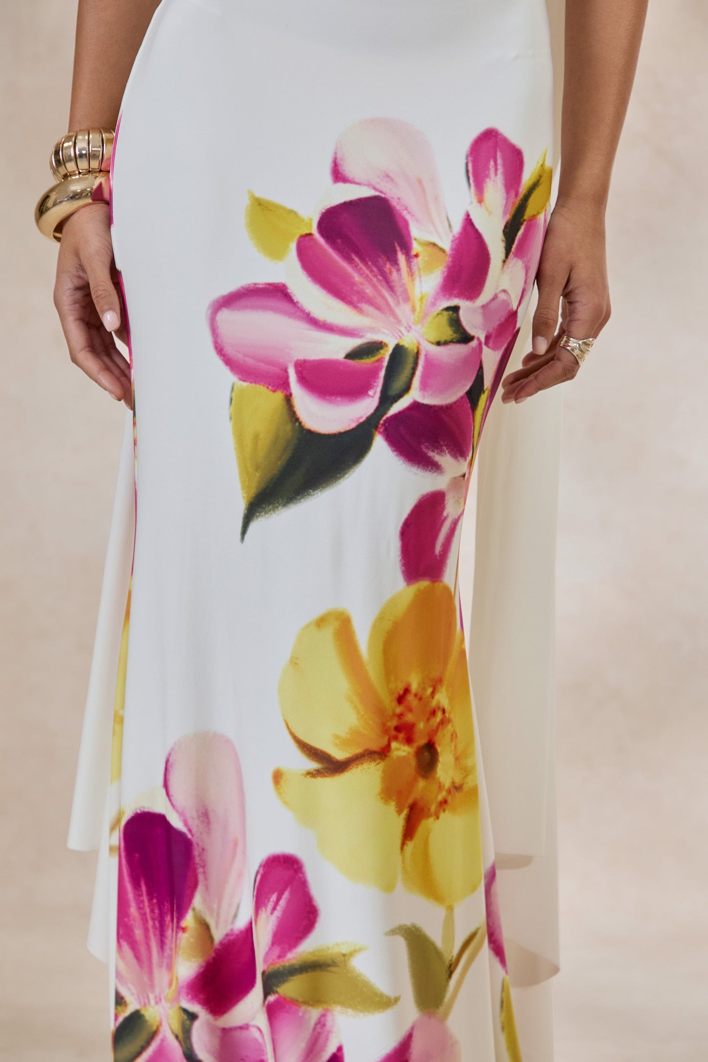 Brooke | Hot Pink And Lemon Floral Print Bandeau Neck Maxi Dress With Scarf