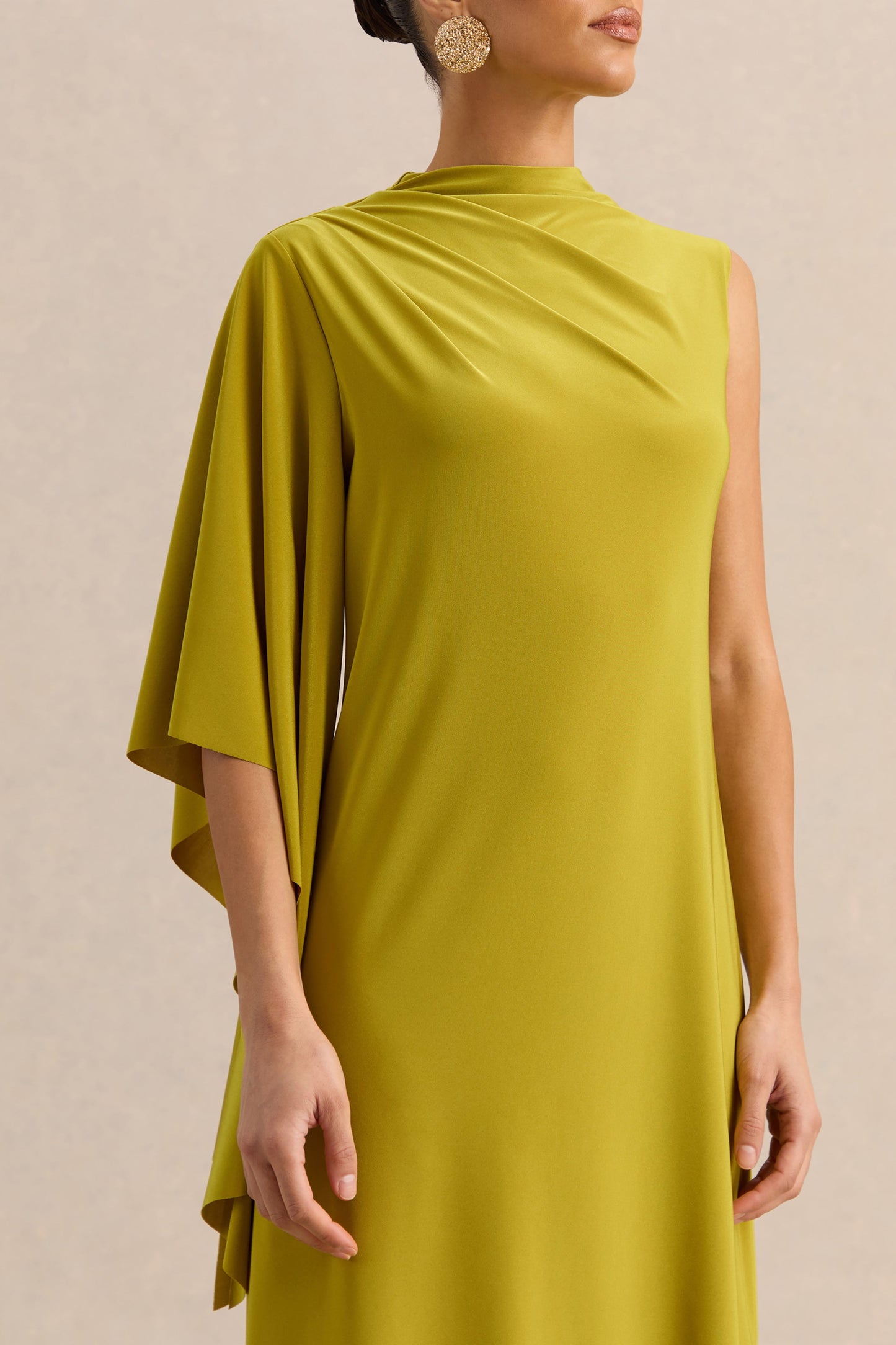 Marosia | Olive High-Neck Maxi Dress With Cape Sleeve