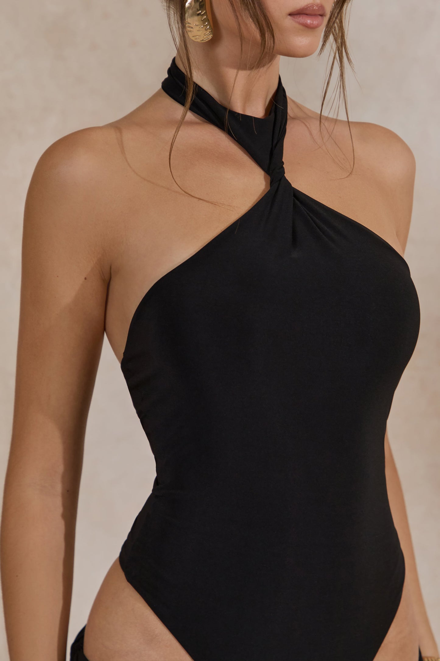 Lillia | Black Twisted Halter Neck Thong Bodysuit