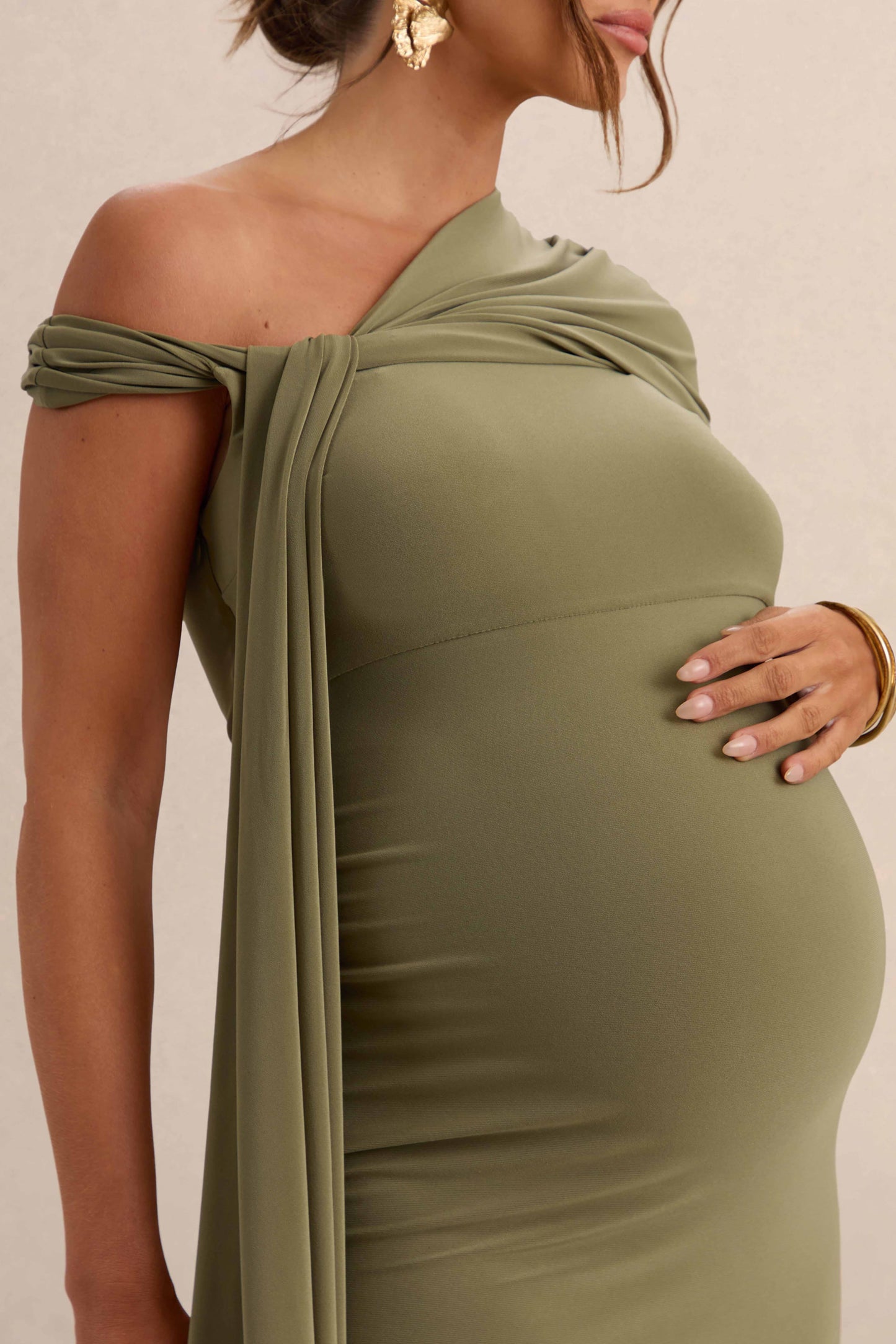 Isela | Khaki Asymmetric-Neck Maternity Maxi Dress With Sash Detail