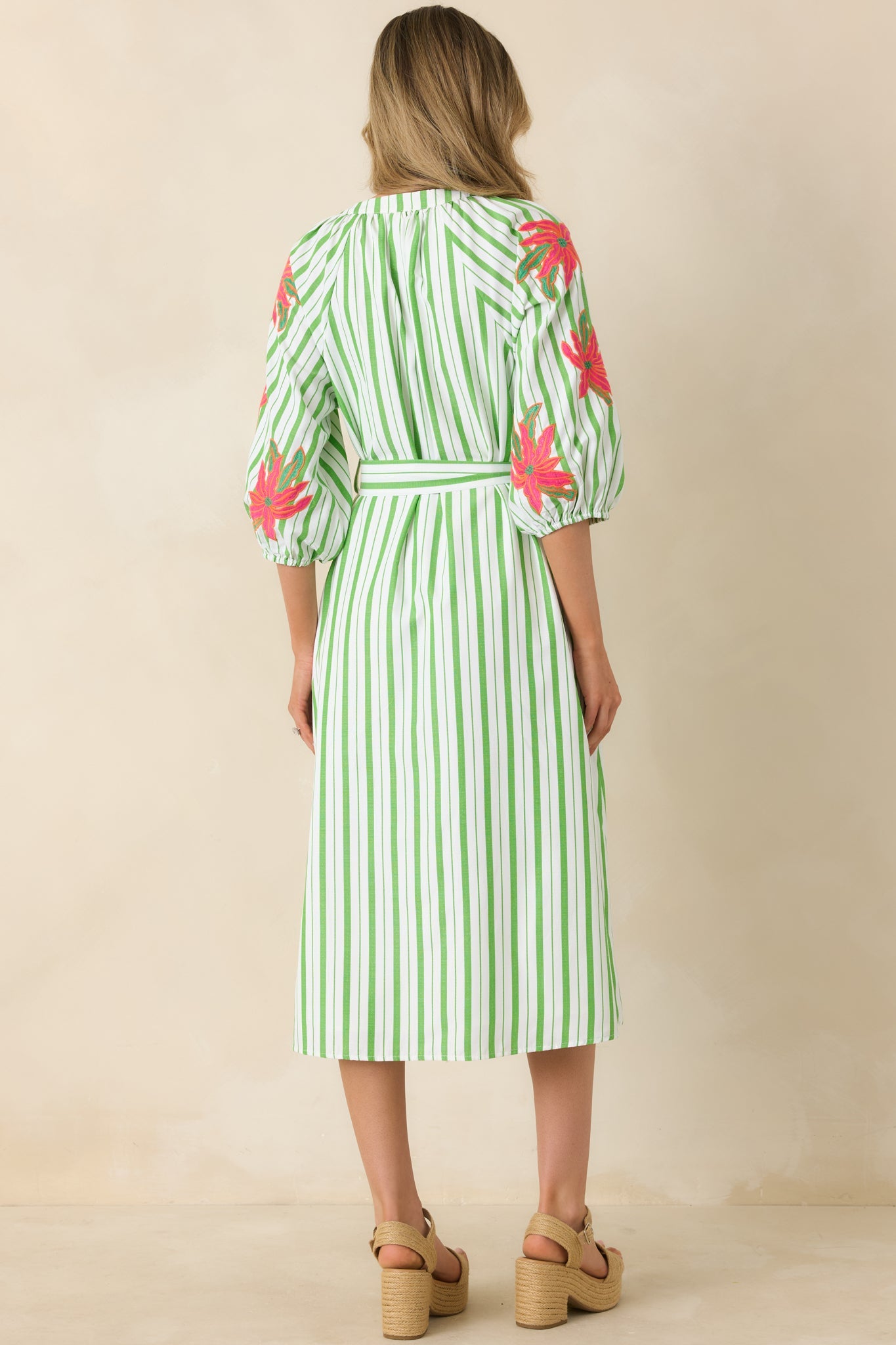 Having a Bright Outlook Green Stripe Floral Midi Dress