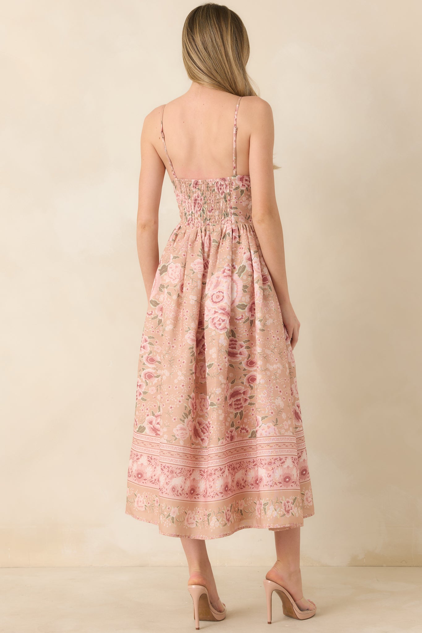 Totally in Love Beige & Pink Floral Deep V-Neck Midi Dress