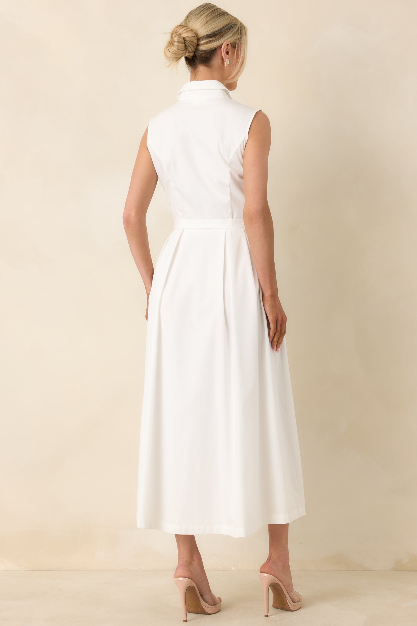 What Can I Say White Cotton Sleeveless Button Front Belted Maxi Dress