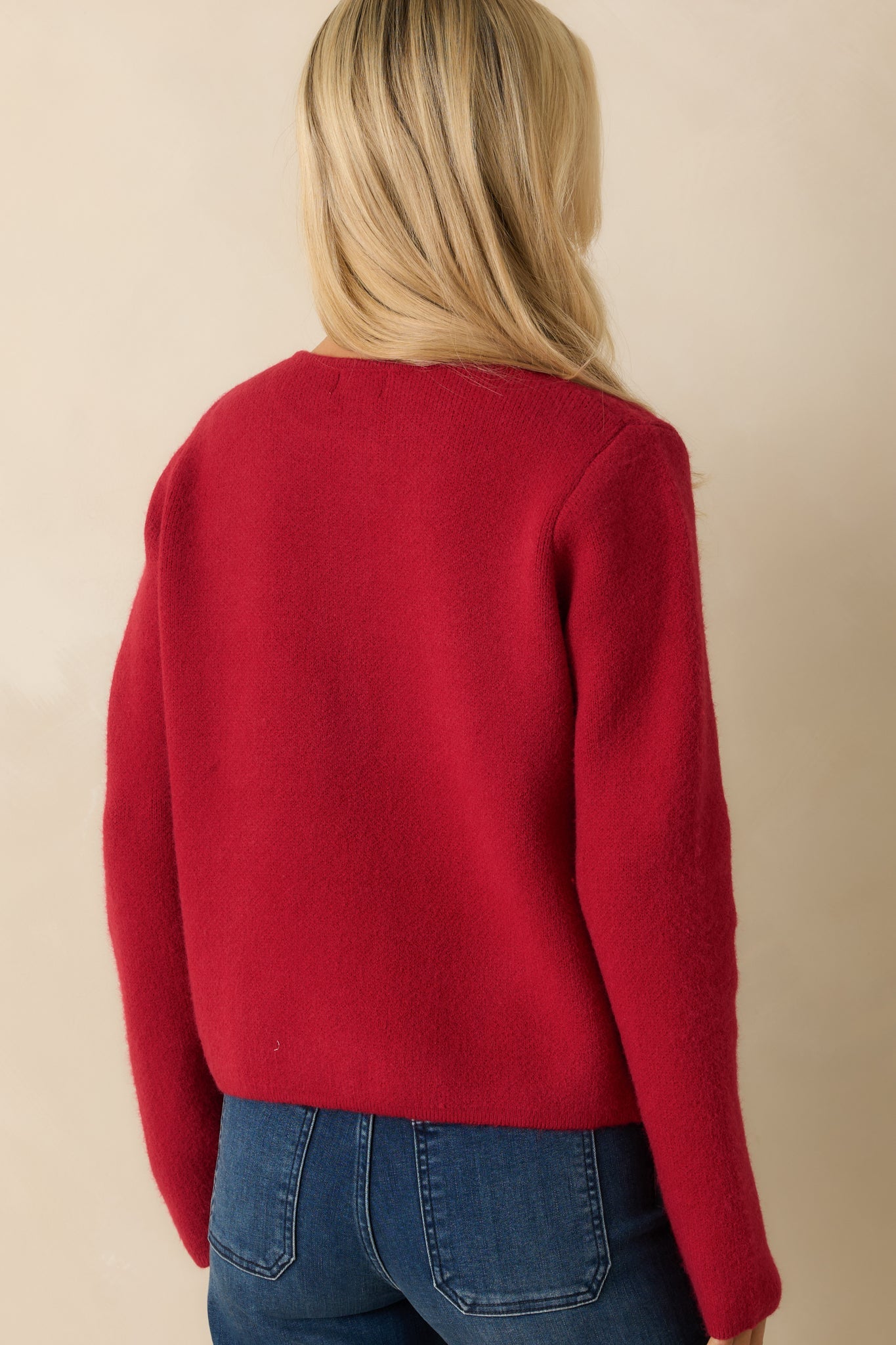 A Certain Something Red Knit Pearl Accent Button Up Cardigan