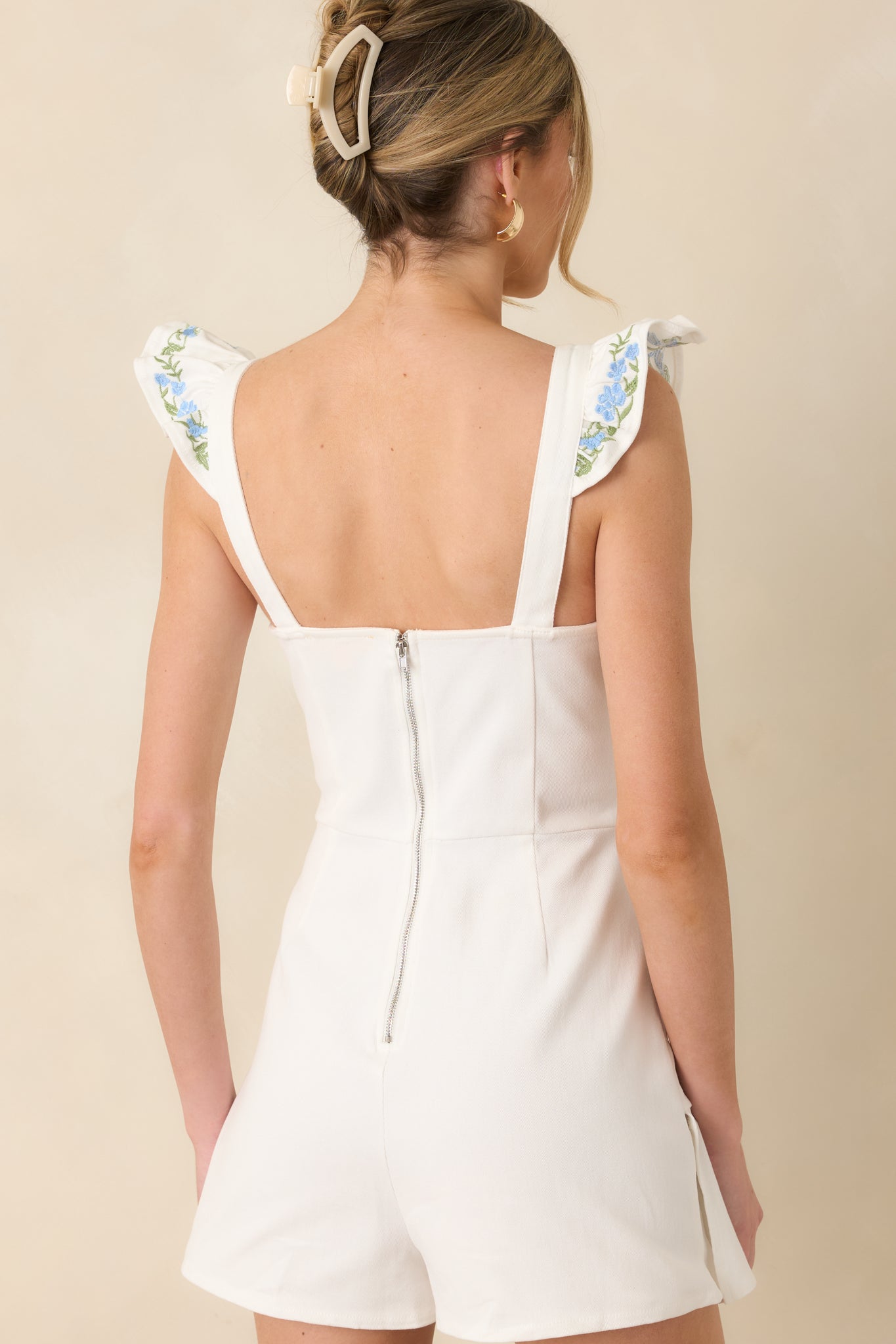 Making Plans White Cotton Floral Embroidered Ruffle Romper