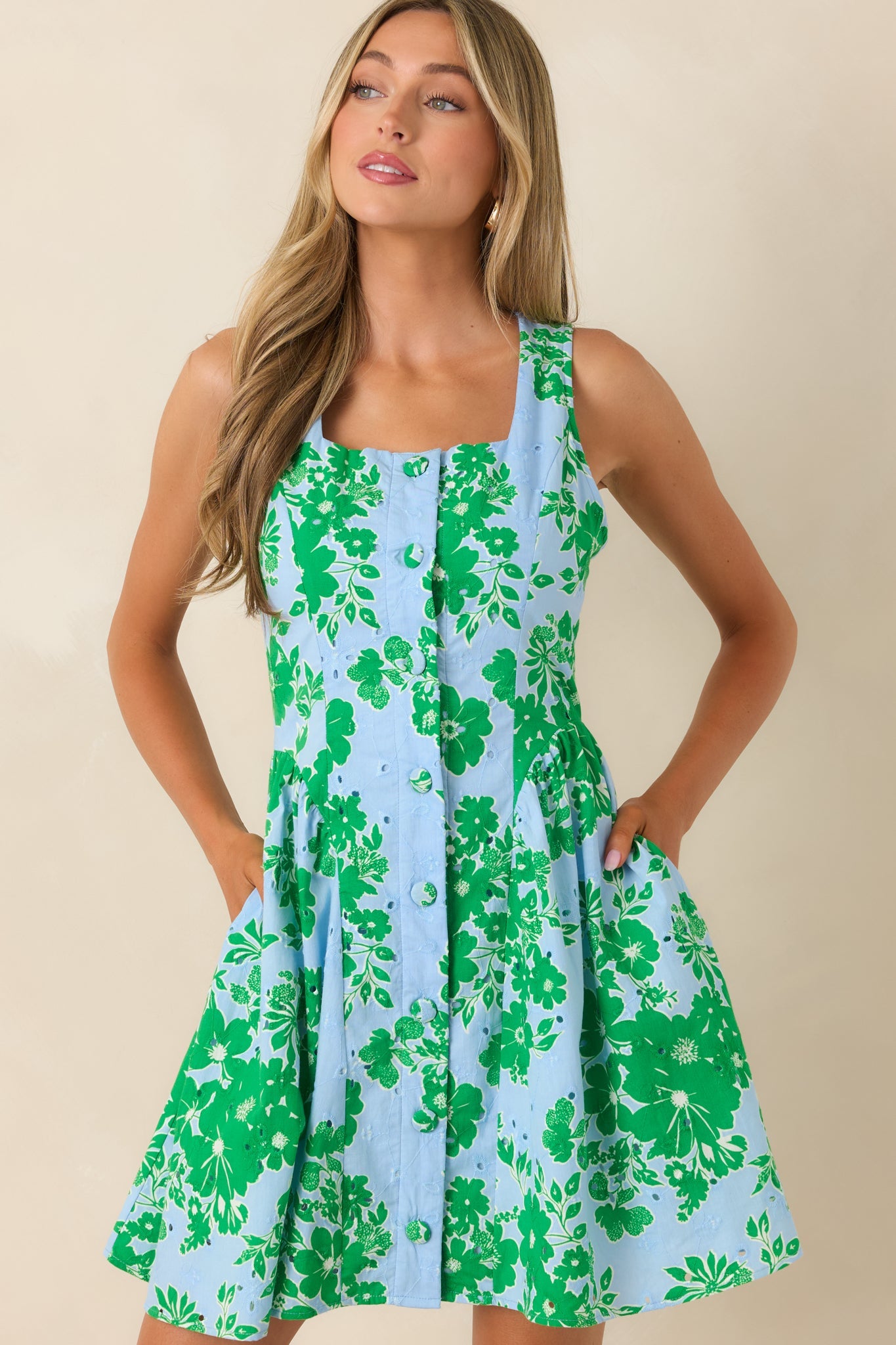 Here She Comes Light Blue & Green Cotton Floral Eyelet Mini Dress