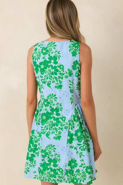 Here She Comes Light Blue & Green Cotton Floral Eyelet Mini Dress