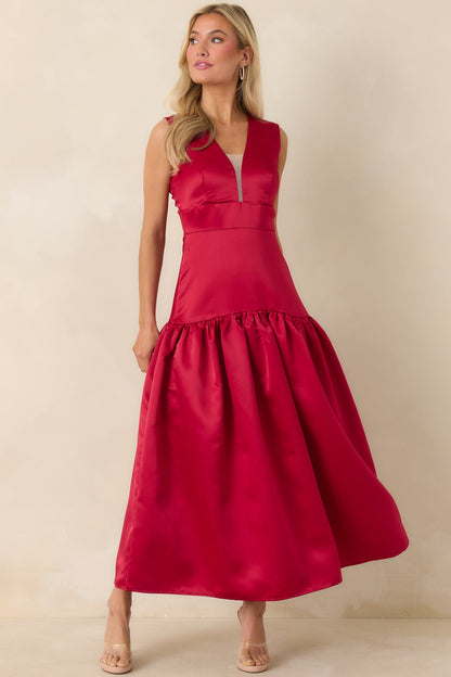 Never Out Of Reach Wine Red Satin Sleeveless Drop Waist Maxi Dress