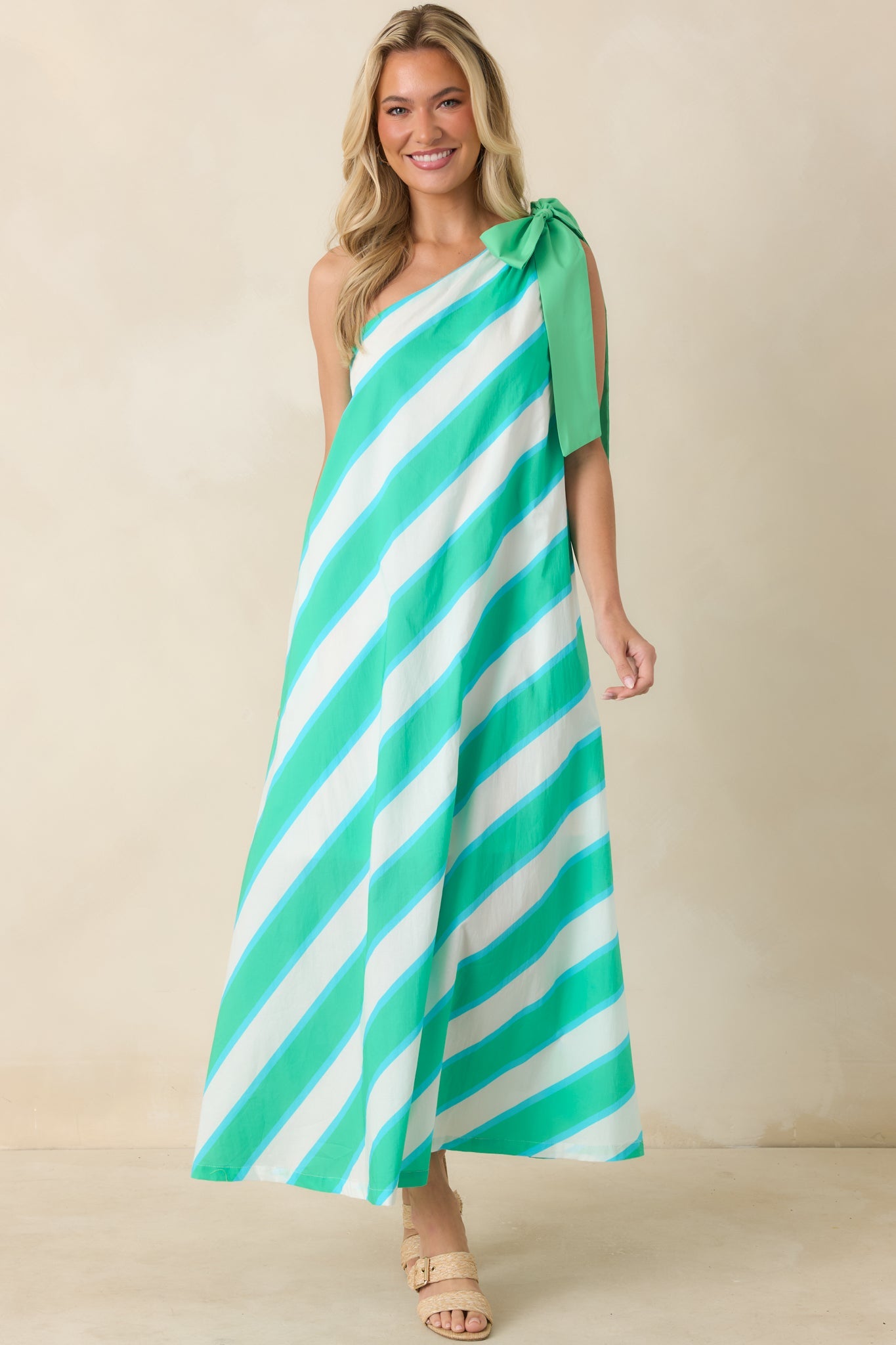 Mint Condition Aqua Blue & Mint Stripe One Shoulder Maxi Dress