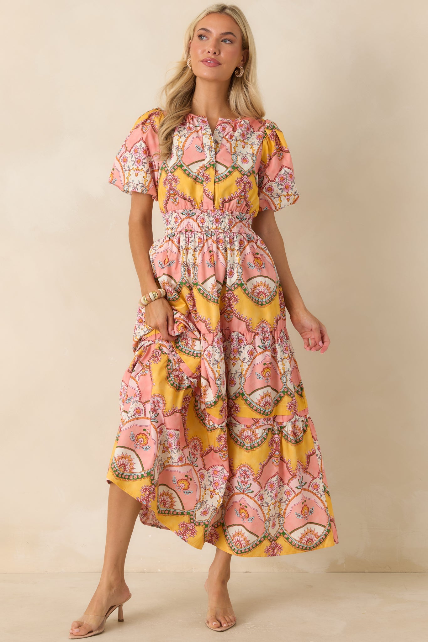 Love You More Pink & Marigold Scarf Print Cotton Midi Dress