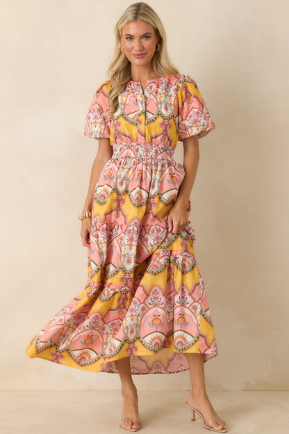 Love You More Pink & Marigold Scarf Print Cotton Midi Dress