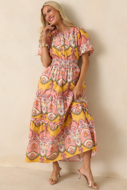 Love You More Pink & Marigold Scarf Print Cotton Midi Dress
