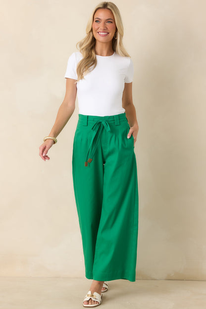 Refined Rhythm Emerald Green Cotton Tie-Belt Wide Leg Pants