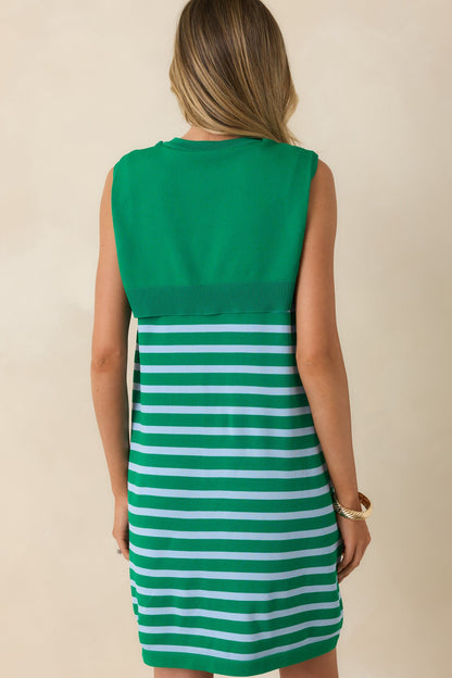 Fairway to Friday Green & Light Blue Stripe Layered Sweater Mini Dress