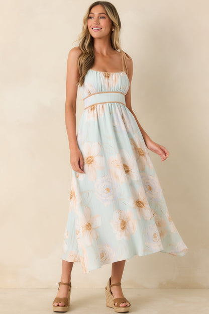Blooming in Watercolor Mint Green Floral Tie Strap Midi Dress