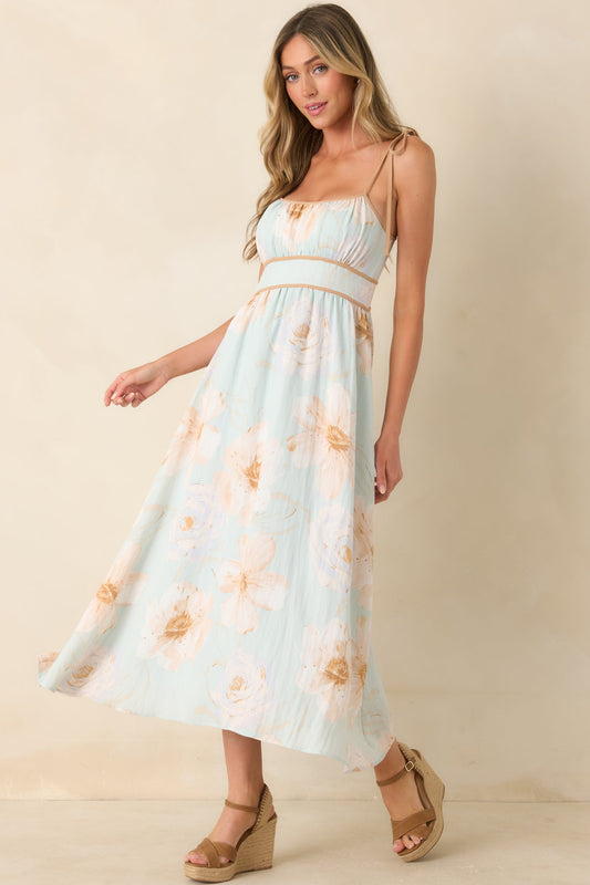 Blooming in Watercolor Mint Green Floral Tie Strap Midi Dress