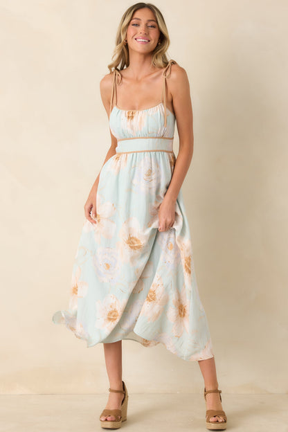 Blooming in Watercolor Mint Green Floral Tie Strap Midi Dress