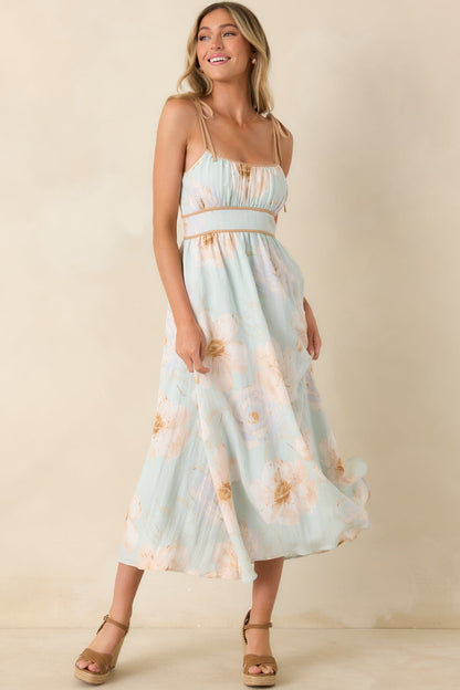 Blooming in Watercolor Mint Green Floral Tie Strap Midi Dress