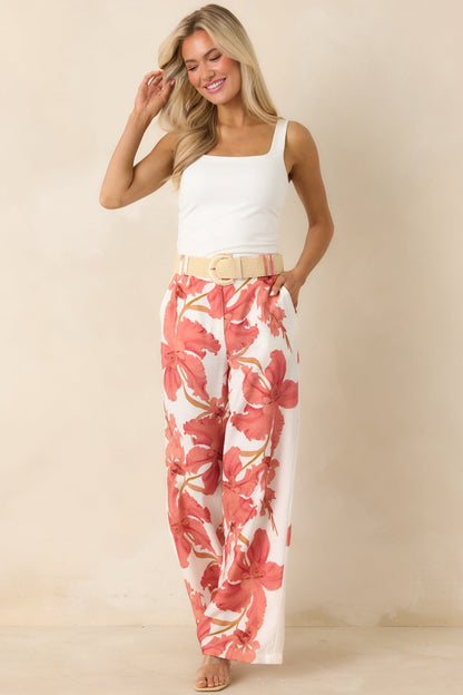 MINKPINK Isla Peach Hibiscus Wide Leg Pants