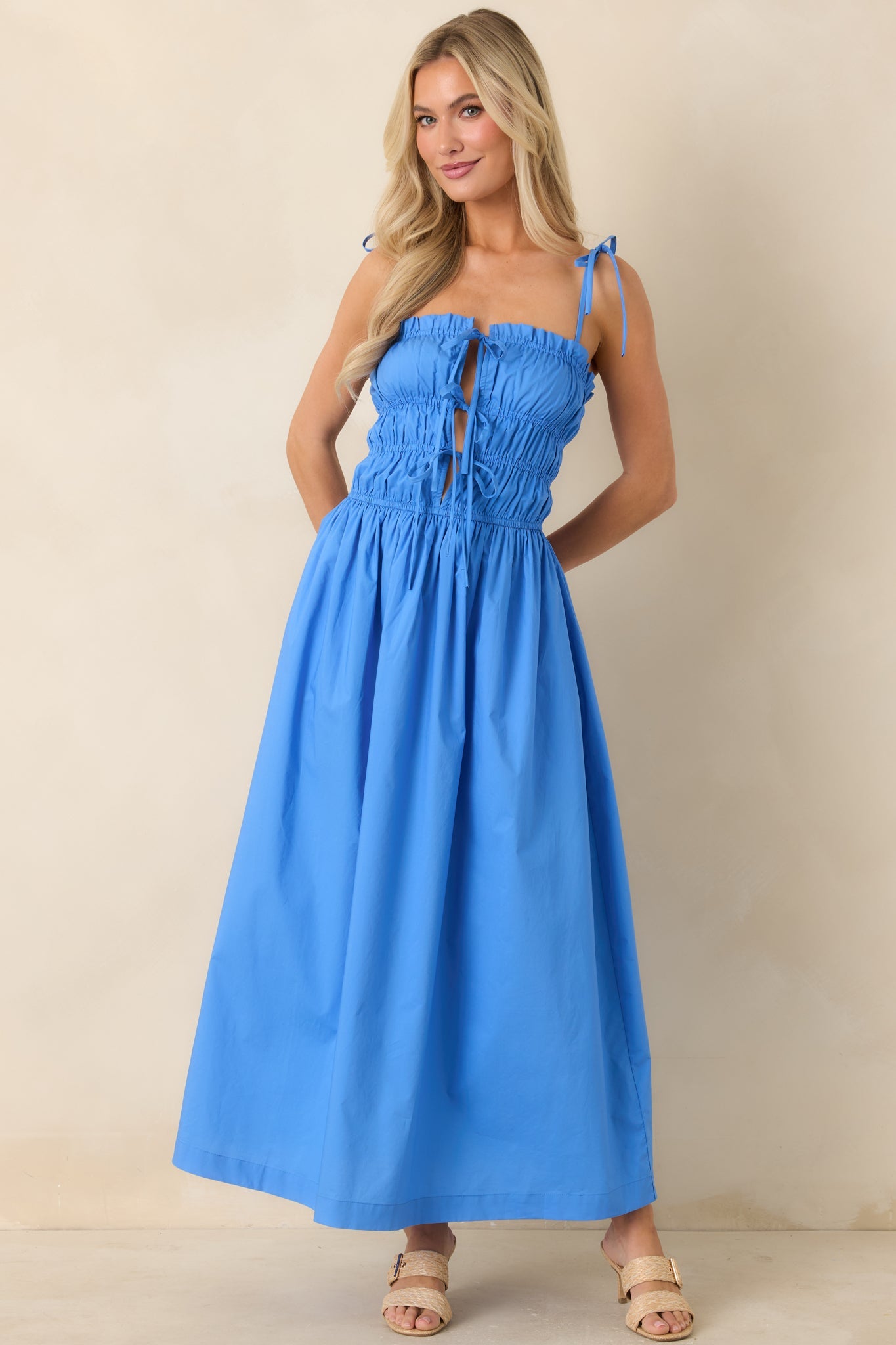 MINKPINK Liana Blue Cotton Tie Detail Midi Dress