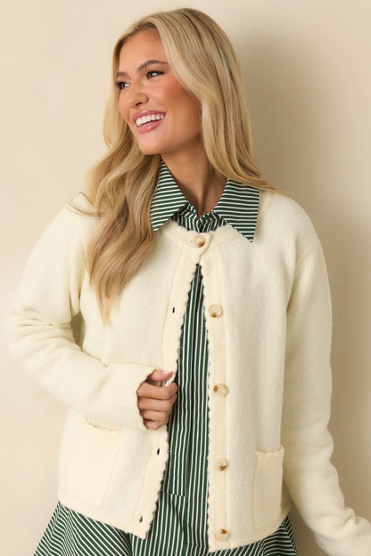 Take Another Chance Ivory Knit Scallop Hem Button Front Cardigan