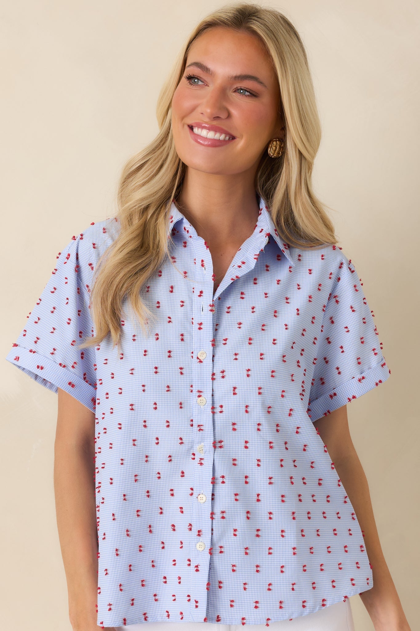 Prosperina Meg Blue Gingham Embroidered Top