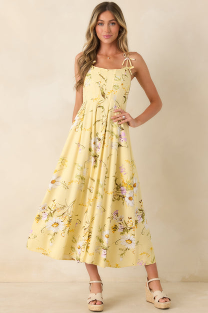 A Dash of Sunshine Yellow Multi Floral Print Bow Accent Strap Midi Dress