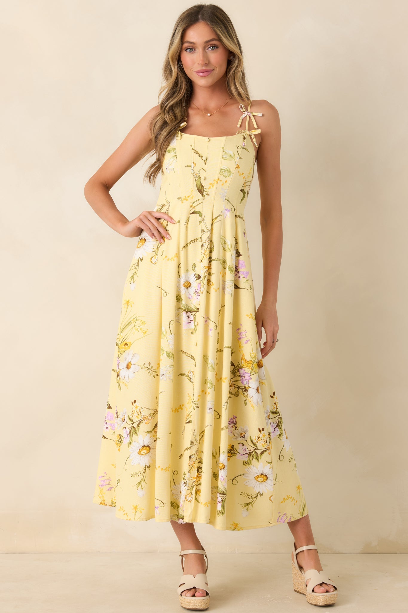 A Dash of Sunshine Yellow Multi Floral Print Bow Accent Strap Midi Dress