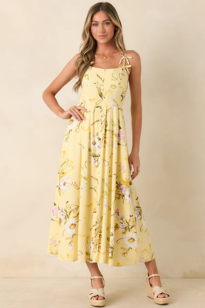 A Dash of Sunshine Yellow Multi Floral Print Bow Accent Strap Midi Dress