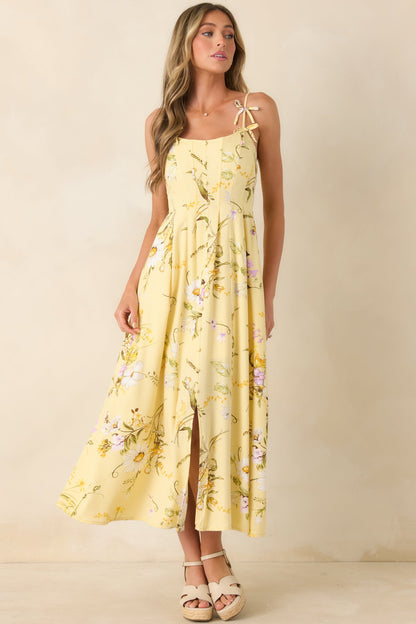 A Dash of Sunshine Yellow Multi Floral Print Bow Accent Strap Midi Dress