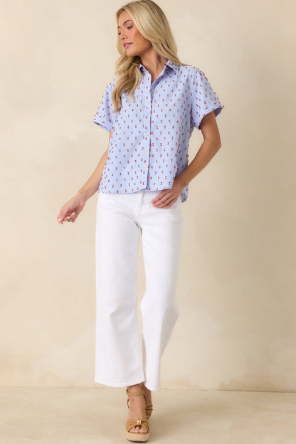 Prosperina Meg Blue Gingham Embroidered Top
